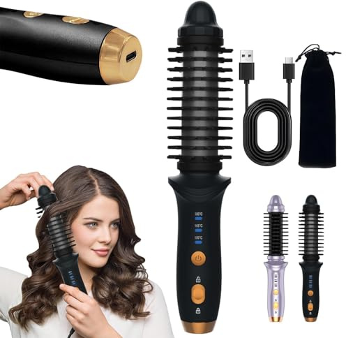 Kabellose Heißbürste für Kurzes Haar - Beheizte Rundbürsten & Thermische Lockenstab für Frauen, USB Mini Haarglätter Tragbare Lockenbürste, lockiges glattes Haar Reisewärme Styling (Schwarz)