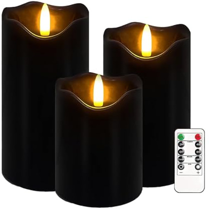 Justup 3 Stück Halloween Flammenlose LED-Kerzen mit Fernbedienung, Timer | Schwarz Flackernde Kerzen, Dimmbare Säulen Kerzenlicht Batteriebetrieben, Elektrische Kerzen für Herbst Thanksgiving Dekor