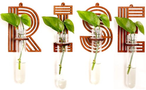 Rise Letter Wall Propagation Planters Test Tubes Wall Decor for Hanging Plants Clear Water Plant Vase Brown Wood Upletter Alphabet Functional Art Boho Sets 4