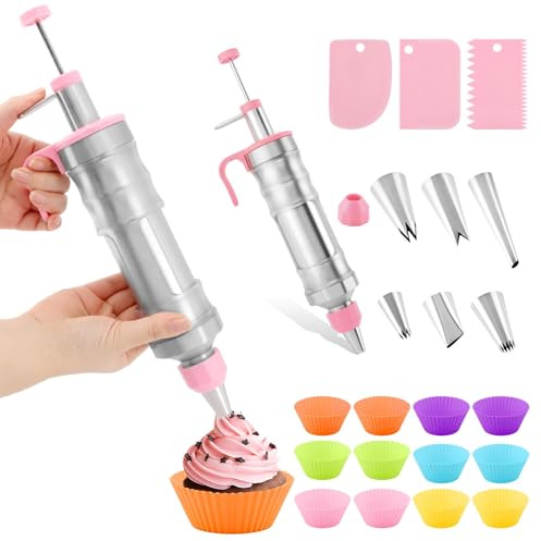 Dessert Decorating Syring-e Set,Frosting Piping Kit,Stainless Steels Cake Decora ting Kit with 6 Pipings Tips & 12 silicone cupcakes,Cupcake Decorating Kit Piping Bags and Tips Set