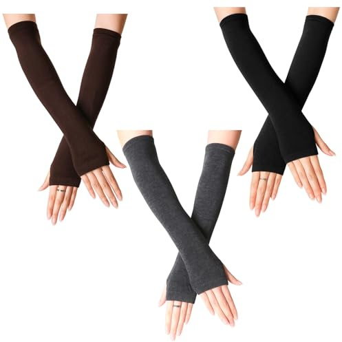 WNXBFO 3 Pairs Arm Warmers, Fingerless Gloves, Wrist Warmers, Knit Arm Thumb Hole Stretchy Gloves Women Long Fingerless Gloves, Men Women Winter Warm Knitted Long Gloves