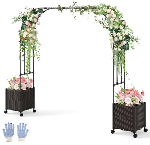 Garden Arch with Planter Box - 2M Metal Pergola Arbor Trellis, Self-Watering Design with Lockable Wheels - Ideal for Lawn and Backyard Weddings