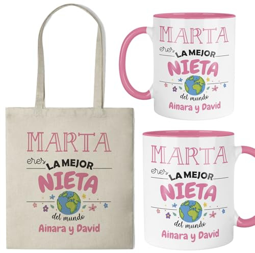 Kembilove® Taza regalo nieta personalizada con nombre | Pack taza y bolsa de algodón | Regalo original para niñas, cumpleaños, Navidad o Día de la Familia