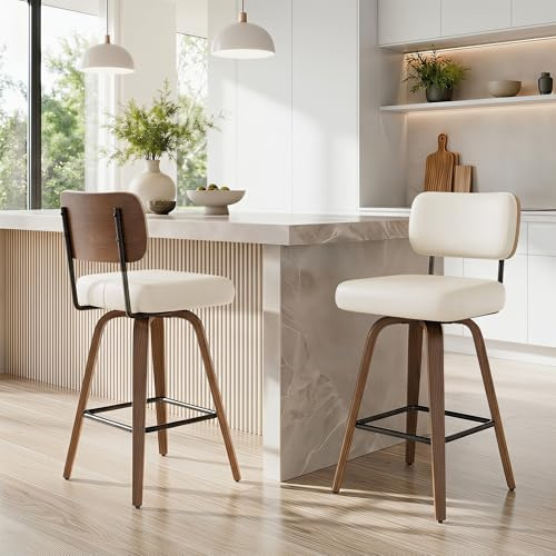 YUUIJOAA 360°Drehbarer Barhocker 2er Set, PU Barhocker 65cm Sitzhöhe mit Holzbeinen, Mid-Century-Design Bar hocker mit 4 Beinen und Lehne, Barstühle Küchenhocker für Küche und Bar,Weiß