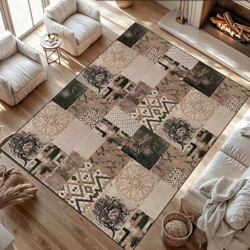 Alfombra de retazos de 160 x 160 cm, antideslizante, lavable a máquina, pelo corto, alfombra vintage para sala de estar, entrada, oficina, escritorio, mesita de noche, dormitorio, patrón floral