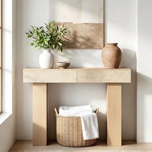 DAWNYIELD Consola con 2 Cajones de Rattan, 114 cm Mesa de Sofá de Madera con Almacenamiento, Mesa de Entrada Moderna para Recibidor, Pasillo y Salón