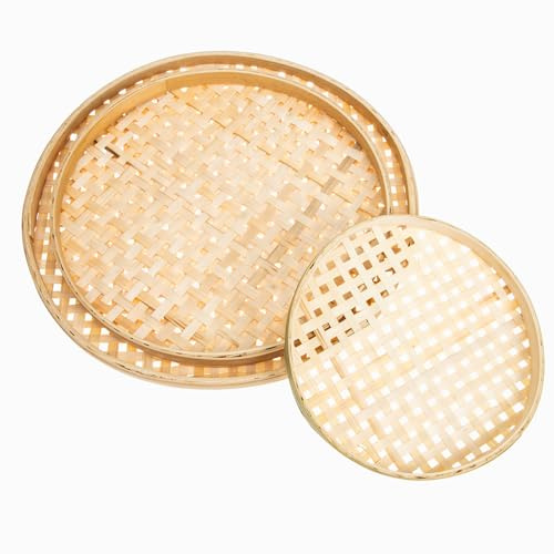 HOMSFOU Set di 3 Cestini in Bambù Intrecciato a Mano Colino e Vassoio, Accessori Cucina per Pane e Snack, Design Naturale per Uso Domestico e Servizio Tavola