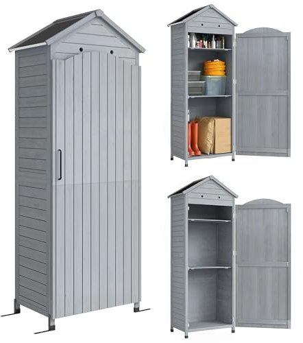 Outsunny Armadio extra alto rimessa attrezzi 85x58x213cm Grigio | Ripiano regolabile, porta magnetica, tetto zincato, ventilazione, anti-ribaltamento, casetta per terrazzo e giardino