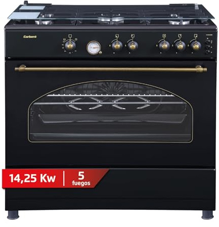 Corberó - Cocina de Gas Butano con horno panorámico | CCSF9026NR | 89,8 cm | Horno 89 L | 5 Fuegos 1 Wok | Turbo Fan | Autoencencido | Tapa Cristal | Cajón Calientaplatos | Negro