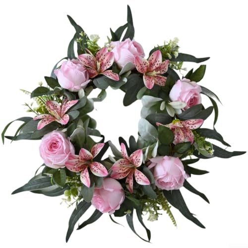 TDCuizent Konstgjord och liljekrans handgjord sidenblomma girlang för bröllop påsk heminredning elegant blommig vägg hängande lätt vårdekoration 60 x 60 cm (djuprosa)