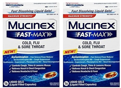 Mucinex Fast-Max Max Strength, Cold, Flu, Sore Throat (Pack of 2/Liquid Gels)