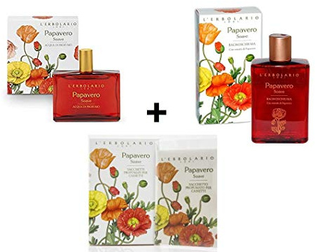 L'Erbolario PAPAVERO SOAVE Profumo 50ml + Bagnoschiuma 250ml + Sacchetto profumato per Cassetti