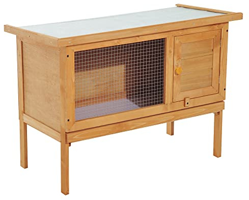 PawHut Conejera de Madera Exterior Jaula Elevada para Conejos Cobayas Animales Pequeños con Techo Asfáltico Abatible Bandejas Extraíbles y Puerta con Pestillo 90x45x65 cm Madera Natural