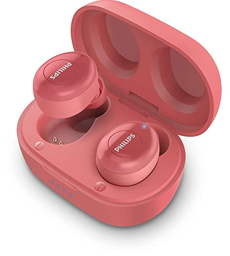 Philips True Wireless Kopfhörer T2205RD/00 (Bluetooth In Ear Kopfhörer, Sprachassistent, Hohe Akkulaufzeit, Spritzwasserschutz IPX4, Extra kleine Ladetasche) Rot - 2020/2021 Modell
