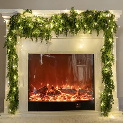 6FT PARTY JOY Seasonal Artificial Christmas Garland with LED String Lights Pine Needle Cypress Garland for Holiday Winter Indoor Outdoor Decor