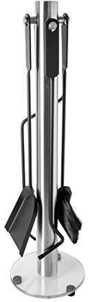 ADGO HADES Set da Camino Cassetta degli Attrezzi da 5 Pezzi: Supporto, Poker, Spatola, Spazzola, Pinze, Moderno Metallo in Acciaio Inossidabile, Elementi Neri, Base in Vetro, Colore Nichel Lucido