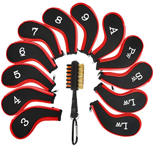 13 Pcs Golf Iron Head Cover with Golf Club Brush,Number Print Golf Iron Covers with Long Zipper Neck,Golf Iron Protector Wedge Headcovers,for Nike,Callaway,Taylormade,Titleist(Red)