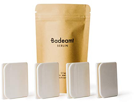 Badeamt Berlin - Duschvorhang Clips, Weiß, 4 Stück, Selbstklebend, für deinen Duschvorhang - Anti Splash- / Spritzschutz für die Dusche, cleveres Zubehör für Dein Badezimmer