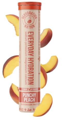 REHYDRATION NATION Punchy Peach Hydration Tablets - Sugar-Free Electrolytes for Everyday Hydration - Potassium, Calcium, Magnesium & Sodium - No Added Vitamins - Fast-Dissolving Vegan, 20 Servings