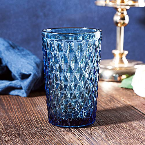 Bandesun Blaues Trinkglas Set mit 6 Diamantmuster Wassergläsern Becher (340 ml), für Wasser, Tee, Kaffee, Milch, Saft und Getränke.
