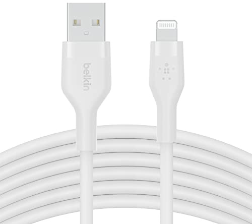 Belkin Cable de silicona USB-A a Lightning de 3 m BoostCharge Flex, Cable de Carga con Certificación MFi para iPhone 14/14 Plus, 13, 12, Pro, Max, Mini, SE, iPad y Otros, Blanco