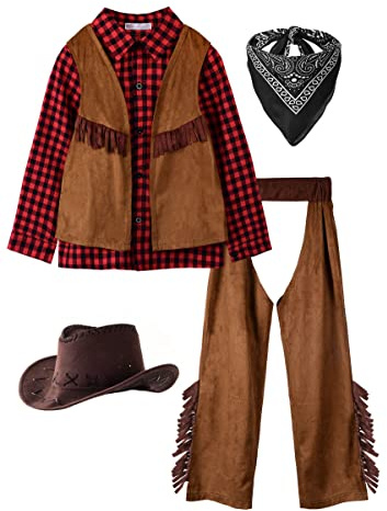 ReliBeauty Cowboy Kostüm Kinder mit Cowboyhut Bandana Halstuch, Rot, 150