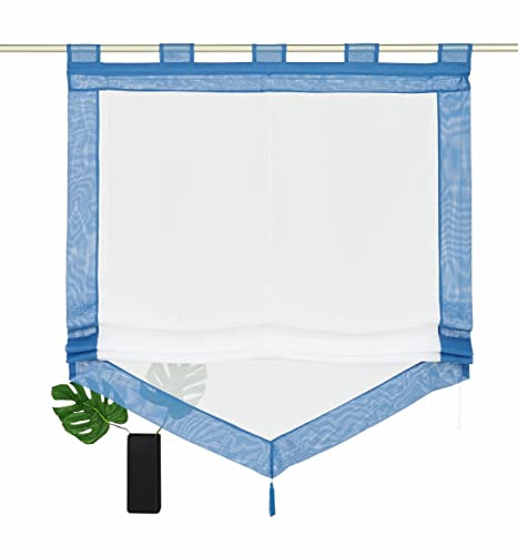 Devola Voile transparent Scheibengardinen mit zweifarbigen Design mit Quaste Fenster Gardinen Panneaux mit Tunnelzug Gardine HxB 140x45cm Blau 1er Pack