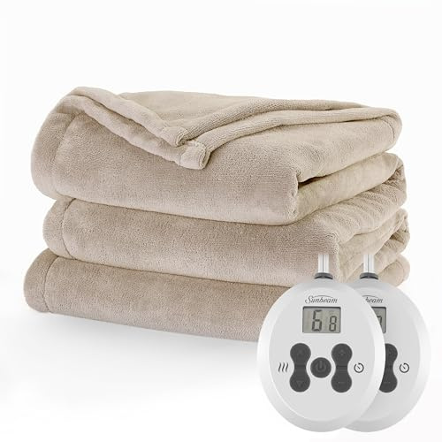 Sunbeam Electric Royal Luxe Microplush Heated Blanket 12 Heat Settings, 12-Hour Selectable Auto Shut-Off, Fast Heating, Warm and Cozy, Sandstone Color, Queen, 90 x 84