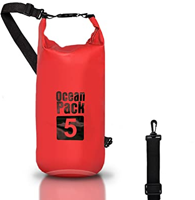 Dry Bag, Borsa Sacca Zaino Impermeabile Waterproof, chiusura a rotolo e tracolla, custodia impermeabile per cellulare e marsupio per Mare Barca Pesca Rafting Spiaggia Sport Acquatici (Red, 5l)