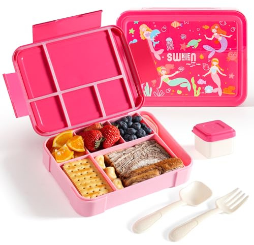 Swkien Brotdose Kinder mit Fächern - 1300ml Bento Box Kinder Lunchbox mit Besteck - Brotdosen mit Trennfächern Auslaufsicher Brotzeitbox(Rosa)