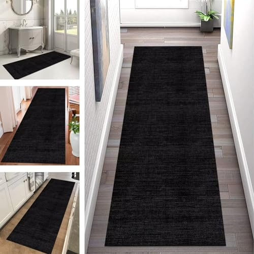 Teppich Läufer Flur Küche rutschfest waschbar Teppichläufer Lang 70X350CM Schwarz Dunkelgrau Küchenläufer Meterware Korridor Tepiche Esszimmer Schlafzimmer Wohnzimmer Schmutzfangmatte Breit 40-120cm