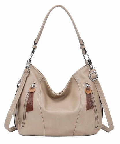 ITALYSHOP24 OBC Damen Tasche Shopper Hobo-Bag Schultertasche Leder Optik Umhängetasche Handtasche Crossover Reisetasche Beuteltasche Handtasche Helltaupe