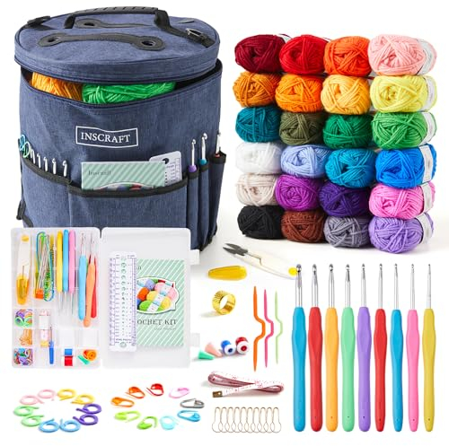 INSCRAFT Häkelset für Anfänger, Erwachsene und Kinder, 24 farbige Garnknäuel mit 1 großer Reisetasche