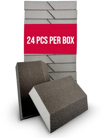 Virginia Abrasives 5” x 3” x 1” Single Angle Fine Grit Sanding Sponge Blocks - Washable and Reusable Sandpaper Foam Bricks/Pads Perfect for Finishing Drywall, Wood, Metal - Wet and Dry - 24 Pcs Pack