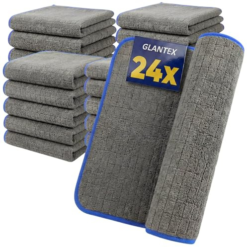 GLANTEX 24X Lackschonende Mikrofasertücher 380 GSM, super Saugstark, Poliertücher, fusselfreie Microfasertücher für die Autopflege, Microfasertuch Auto und Motorrad, 40cm x 40cm