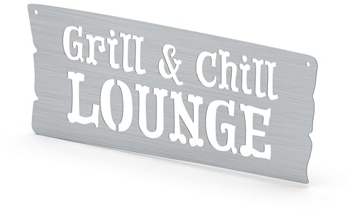 MaTaDa® Edelstahl Grillschild | Moderner Wandmontage Schild für Outdoor Küche | Silber, 39 cm x 17,5 cm