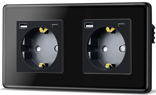 TAWOIA Schuko Steckdose Mit 20W(MAX 4A) USB Schnelllade Schnittstelle, EU-Standard 2 Fach Unterputz Mit 2,5D Gebogenes Glas Platte, Wandsteckdosen Schwarz 86 * 157mm