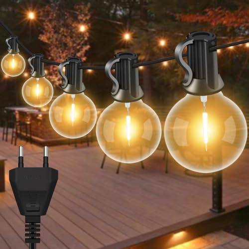 LED Lichterkette Außen, 10M 15 Birnen + 2 Ersatz, G40 Gluhbirnen ABS Kunststoff Lichterkette Strom, lP44 Wasserdicht Outdoor Lichterkette Warmweiss fur weihnachtsbeleuchtung außen