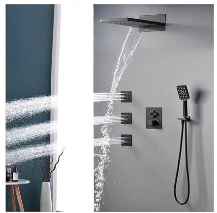 SWHC Duschsystem mit Thermostat, Unterputz Duscharmatur Set Messing Dusche Regendusche Set Duschgarnitur Komplettset mit Regendusche, 3 Modi Handbrause, 3PCS Duschmassagedüsenm