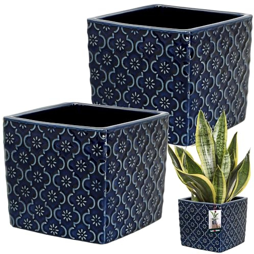 KOTARBAU® Keramik Blumentopf Quadratisch Vintage Kobaltblau 13x13cm H: 13cm Glasierte Keramik 2 St. Viereckig Pflanzkübel Drinnen Pflanzgefäß