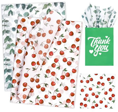 Larcenciel Seidenpapier 60 Blatt, Rot Grün Seidenpapier Verpackungsmaterial zum Verpacken, Bunt Packseide Papier mit Kirsche & Blatt Muster, Geschenkpapier für Geburtstag, Party, DIY Craft, 50x35CM