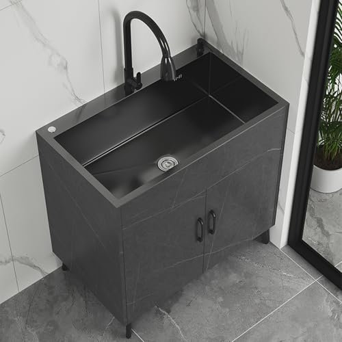 DIHRVTHC Spülenunterschrank, Küchenspüle Mit Unterschrank, Spülenschrank Mit Spüle Und Armatur, Spülschrank Mit Spülbecken, Waschbecken Komplettspüle Ausgussbecken Küchenunterschrank(Nero,60cm)