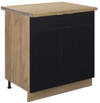 Vicco Spülenunterschrank Fame-Line, Schwarz gestreift, 80 cm | MDF-Front · AP Eiche inkl. · Höhenverstellbare Füße · Metallgriffe · Soft-Close