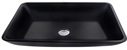 Fregaderos de baño de vidrio templado negro mate, instalación de encimera, recipiente rectangular de baño, lavabo artístico con drenaje desplegable de latón, para baño