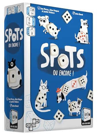 IELLO Dados Spots o Encore – Juego de Dados y Perros Todos, Stop o Encore y Colocación en Cartas, 1 a 4 Jugadores – Ilustraciones Adorables