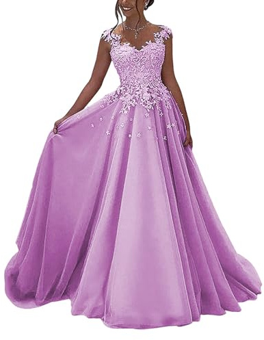 HUINI Lace Prom Dresses Long Formal Evening Dress Princess A-line Wedding Guest Dress Sleeveless Party Dress, lilac, 12