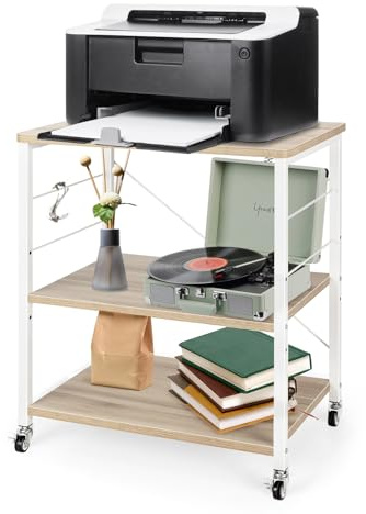 HOMASIS Carro de Madera de 3 Capas para Impresora, Carro con Ruedas con 10 Ganchos, Estructura en X, estantes Ajustables 2 Ruedas con Freno, Estante Multiusos para Oficina, 60x40x73,5cm (Beige)