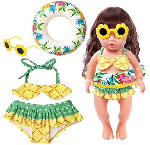Schwimm-Set für Puppen, 3pcs Puppenzubehör Badeanzug, Puppen Schwimmring, Puppen Badeanzug, Sonnenbrille, Passend für Puppen Von 35 - 45 cm, für den Badespaß an Heißen Sommertagen(Gelb)