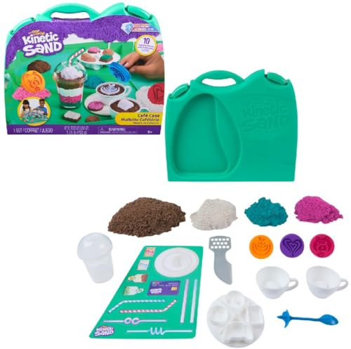 Kinetic Sand, Estuche de café con arena de juego de 793 g en 4 colores, 9 herramientas y moldes, almacenamiento, juguetes para niños y niñas de 5 años en adelante
