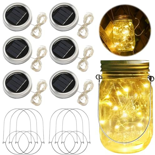 HUIKUANGEU Lanterne Solaire Exterieur, 6 Pièces Mason Jar Lampes 30 LED Suspendue 3m, Lumière Imperméable pour Décoration de Jardin
